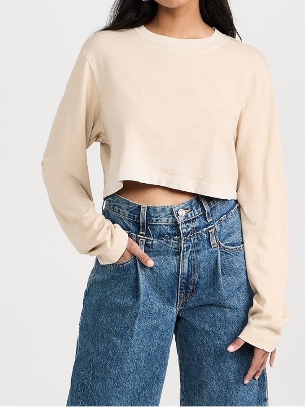 Cotton Citizen Vintage Oatmeal Tokyo Long Sleeve Casual Relax Fit Crop Top